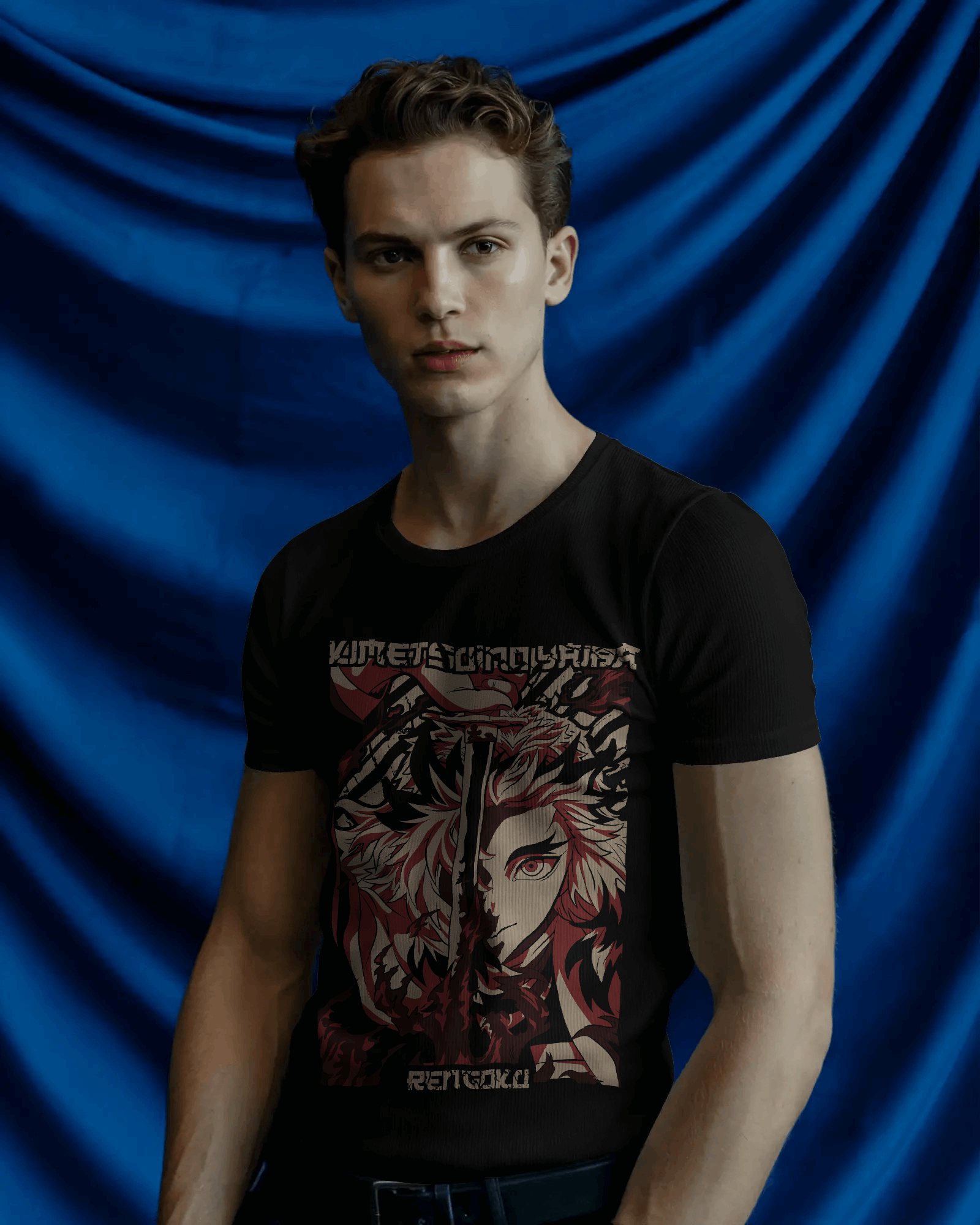 Rengoku Flame Hashira Split‑Blade Graphic T‑Shirt (Black)