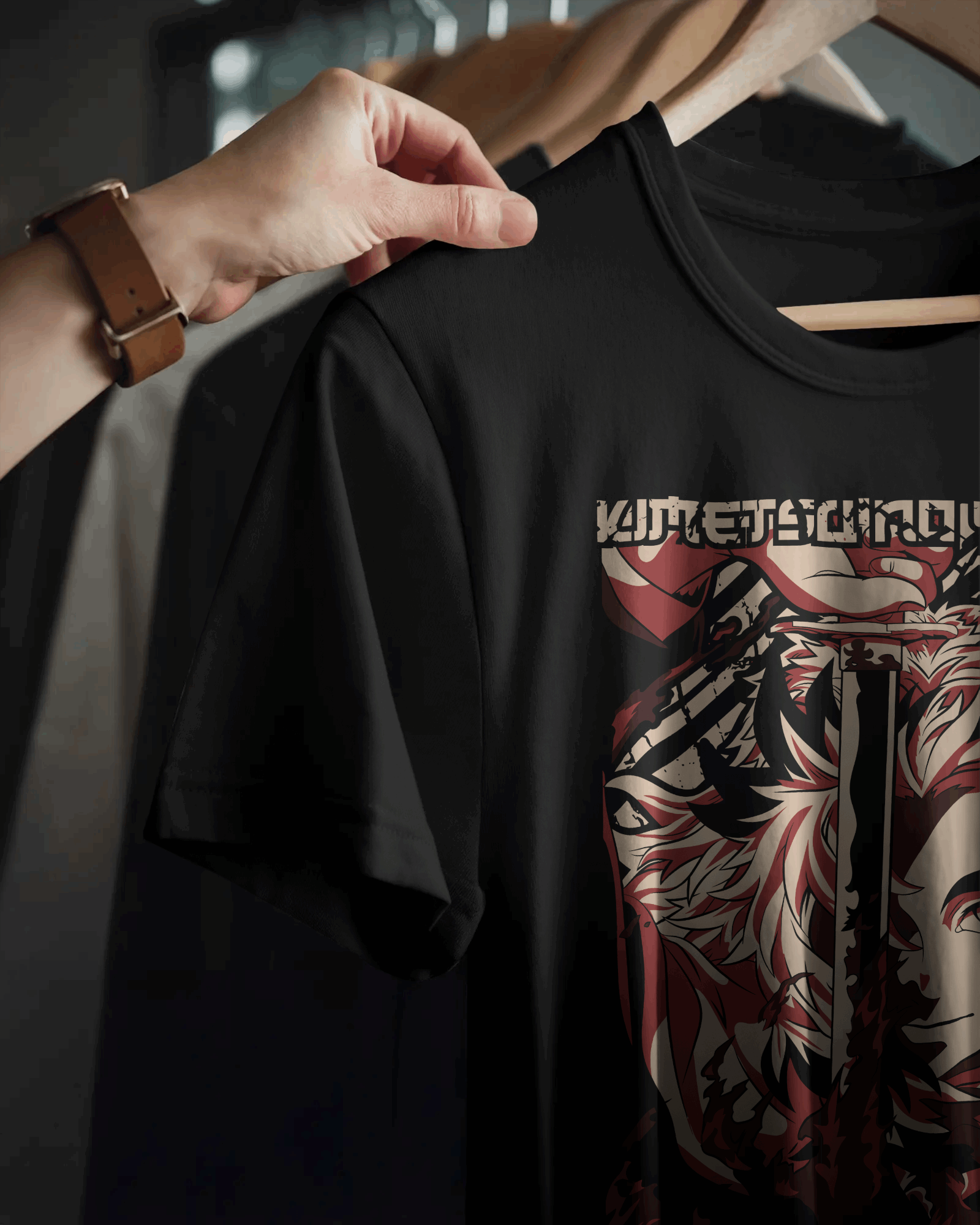 Rengoku Flame Hashira Split‑Blade Graphic T‑Shirt (Black)