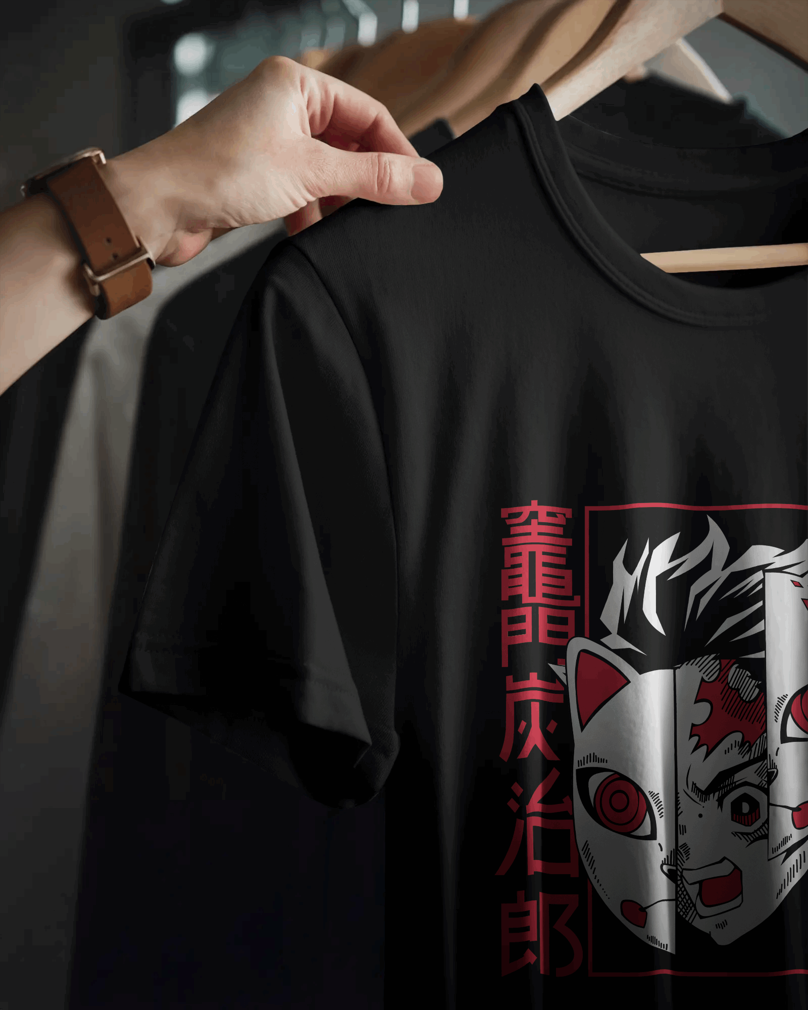 Tanjiro Kitsune Mask Split‑Panel Graphic T‑Shirt (Black)