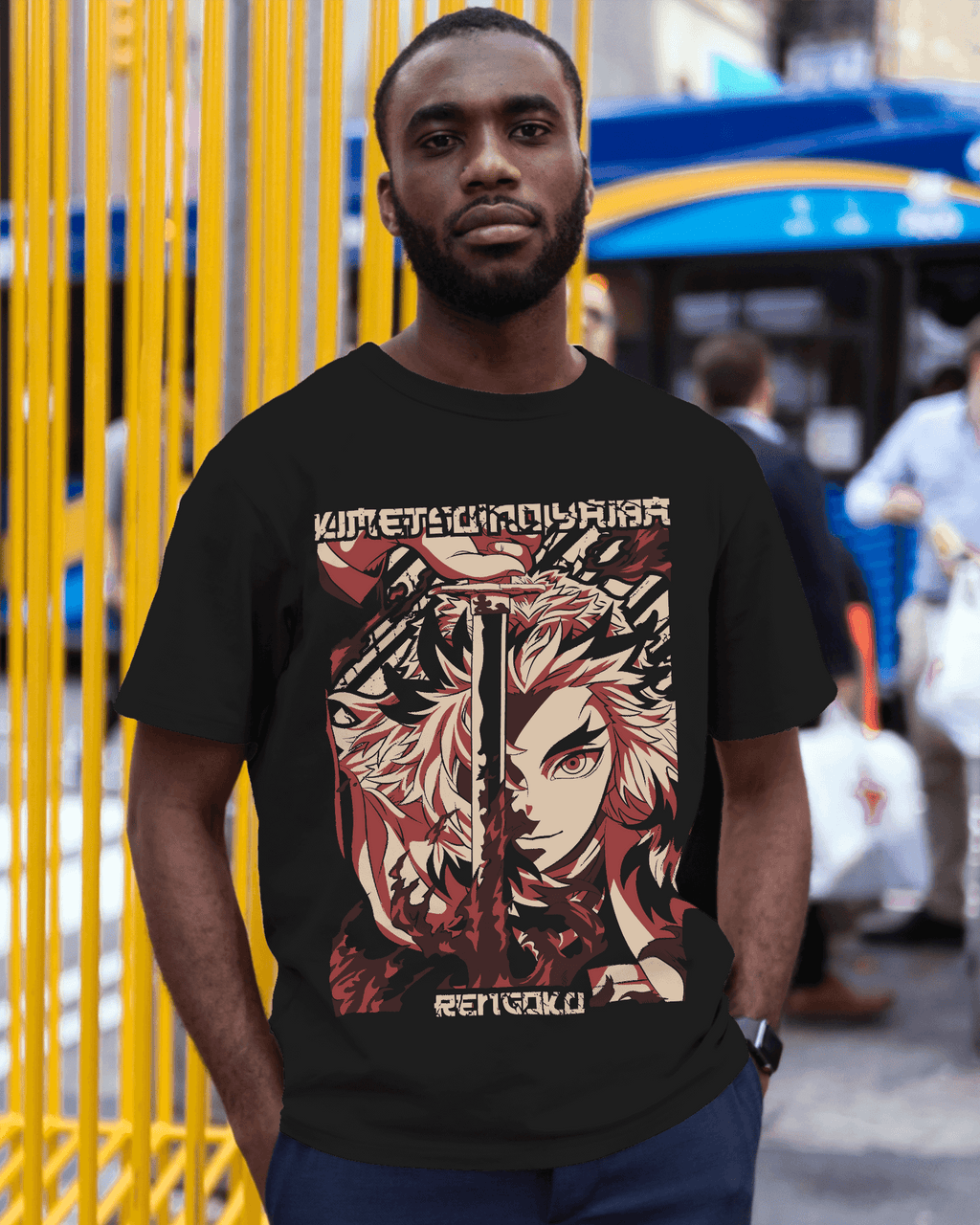 Rengoku Flame Hashira Split‑Blade Graphic T‑Shirt (Black)