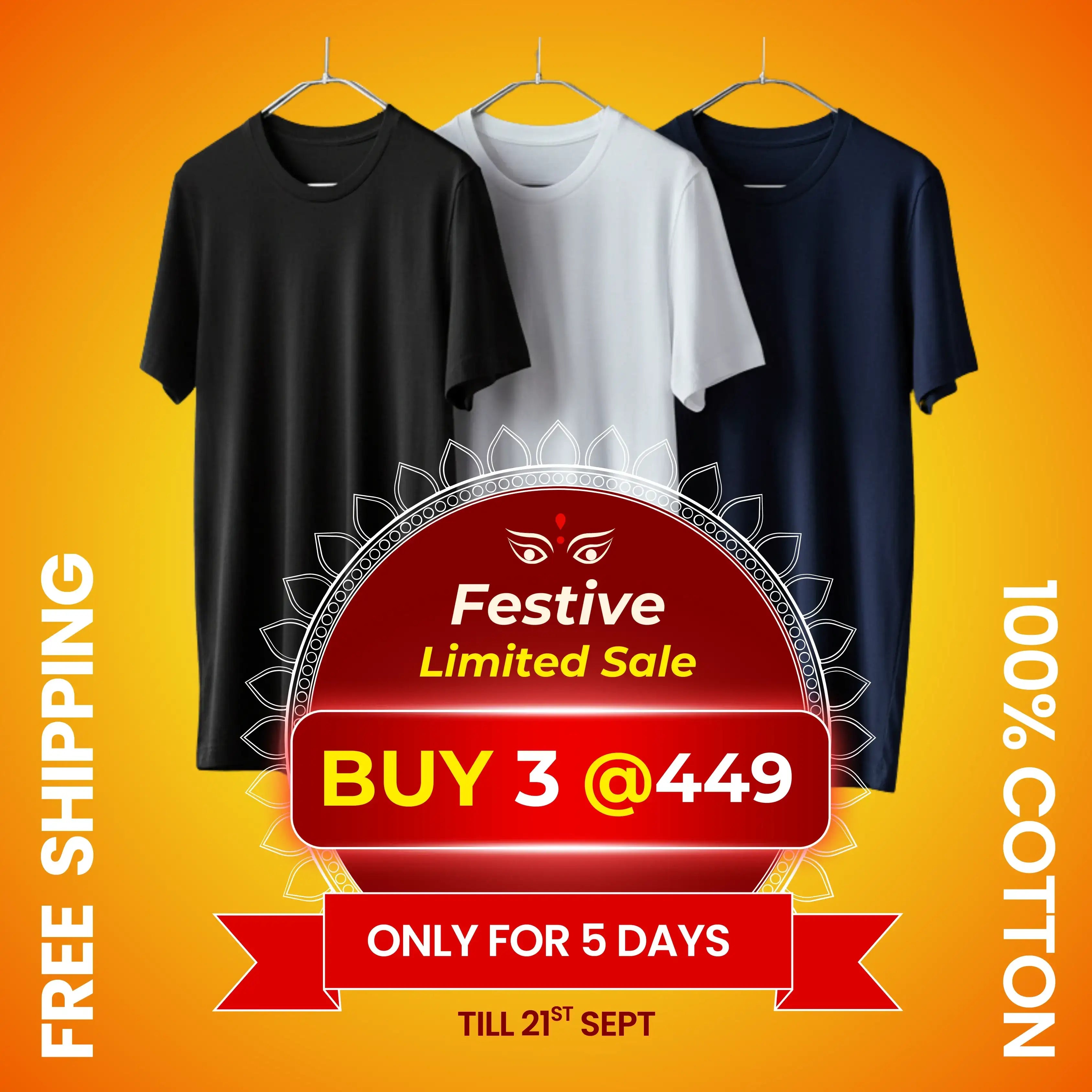 Premium Cotton Round Neck T-Shirt (Pack of 3) | 100% Cotton Round-Neck Tshirt | Plain Premium Tshirt | Festive Limited Sale