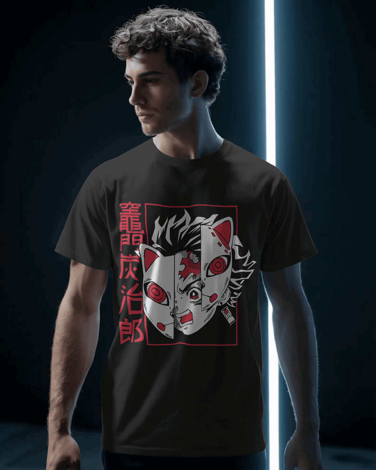 Tanjiro Kitsune Mask Split‑Panel Graphic T‑Shirt (Black)