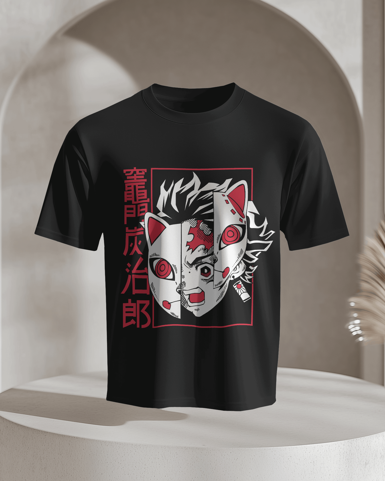 Tanjiro Kitsune Mask Split‑Panel Graphic T‑Shirt (Black)