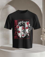 Tanjiro Kitsune Mask Split‑Panel Graphic T‑Shirt (Black)