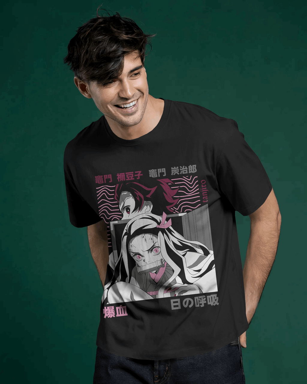 Nezuko Kamado Neon Wave Panel Graphic T‑Shirt (Black)